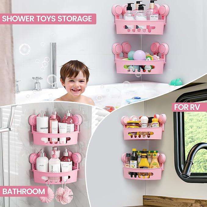 TAILI Suction Corner Shower Caddy, Bathroom Shelf Storage Basket Wall Mounted Organizer for Shampoo, Conditioner, Plastic Rack for Kitchen and Bathroom, Drill-Free Removable (2 Pack)-PINK - ModernBath