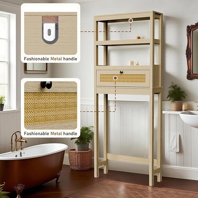 Over The Toilet Storage Cabinet, Behind Toilet Bathroom Organizer with Adjustable Shelves, Above Toilet Organizers with Rattan Door, Space Saver for Restroom, Bathroom, Laundry - ModernBath