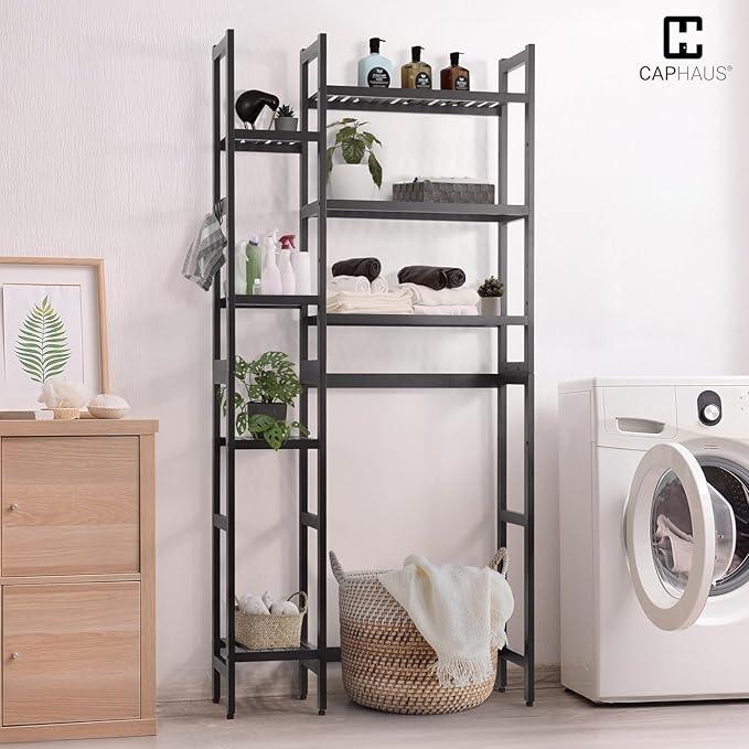 CAPHAUS Over -The -Toilet Storage Shelf,7-Tier Bamboo Bathroom Organizer Shelf Rack Over Toilet with Adjustable Feet & Hooks, Freestanding Toilet Shelf for Bathroom Laundry Balcony Plant Stand,Black - ModernBath