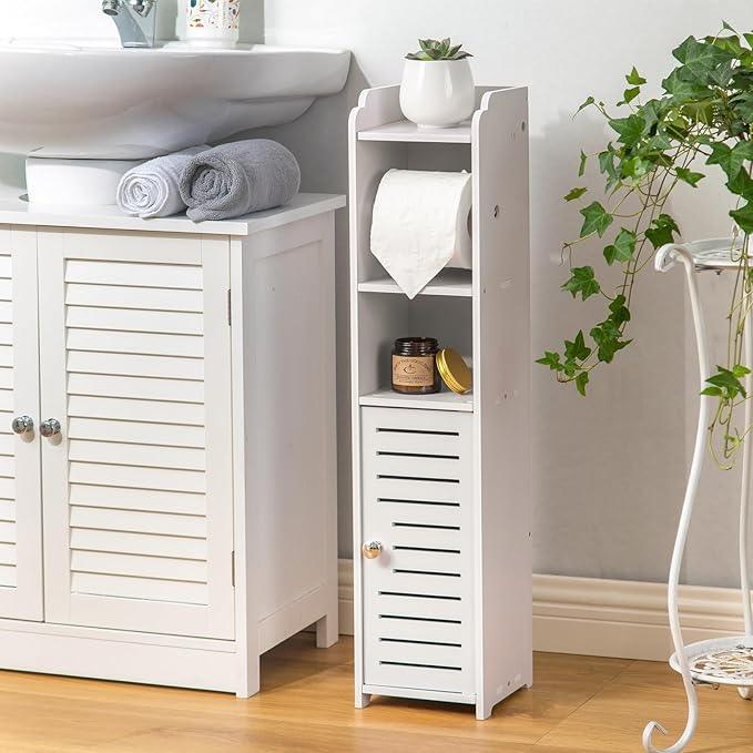 AOJEZOR Toilet Paper Holder Stand: No Drill PVC Small Bathroom Cabinet for Apartment Dwellers - Rental Deposit Protection - Small Space Storage Saving - ModernBath