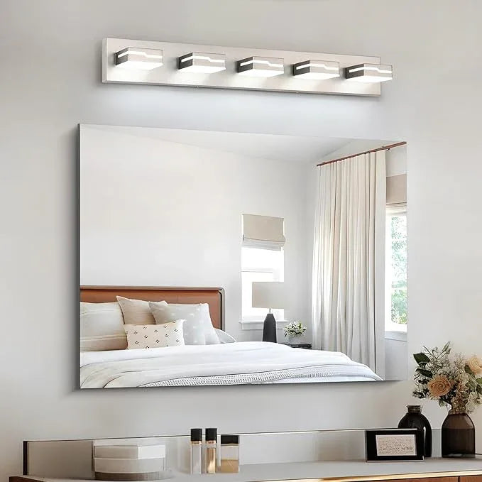 Merexcint LED Modern Bathroom Vanity Light Fixtures 5-Light, 32 inch Dimmable Nickel Vanity Lights for Bathroom Lighting Fixtures Over Mirror, with 350°Rotatable Acrylic Heads(White Light 5500K) - ModernBath