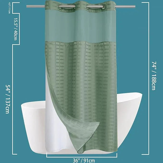 Conbo Mio Stall No Hook Sage Green Shower Curtain with Snap in Liner Set, Hotel Luxury Shower Curtains for Bathroom with See Through Top Window, Waterproof, Washable 36W x 74H - ModernBath