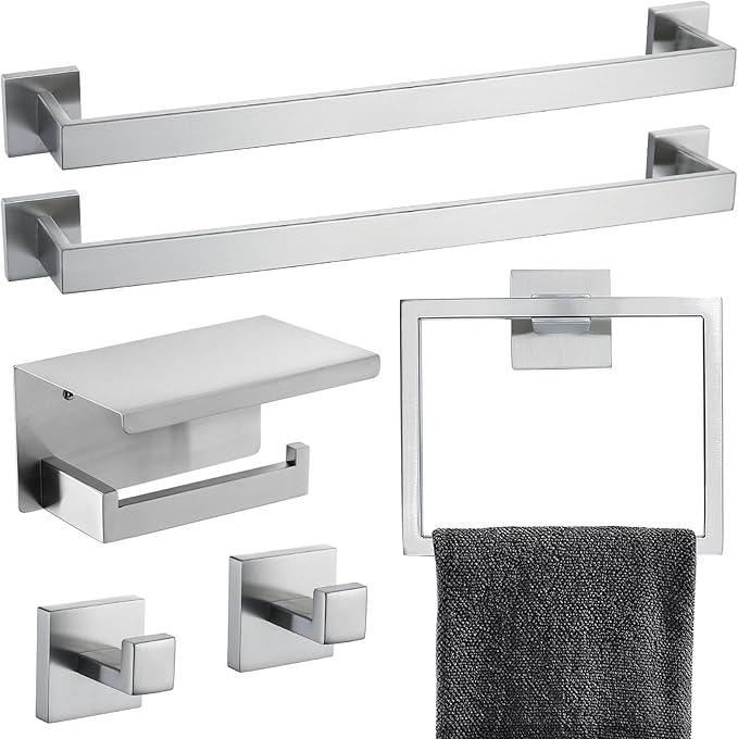 Brushed Nickel Bathroom Towel Bar Set Bathroom Accessories Hardware Set Including Double Towel Bar Towel Ring Coat Hook and Toilet Paper Holder with Shelf. Wall Mounted Stainless Steel - ModernBath