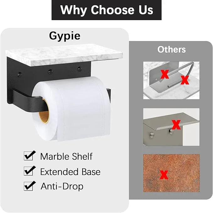 Toilet Paper Holder with Shelf, Extended Base Wall Mounted, Marble Toilet Roll Holder Black for Bathroom Washroom - ModernBath