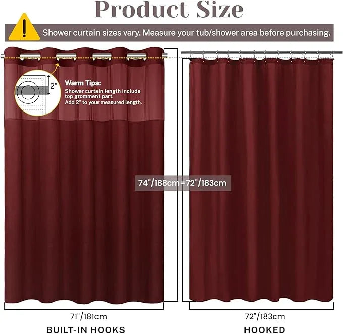 SORTTO No Hook Slub Textured Shower Curtain with Snap in Liner - Burgundy Fabric Outer Curtain & Waterproof Inner Liner, Hotel Style with See Through Top Window, 71x74 in - ModernBath