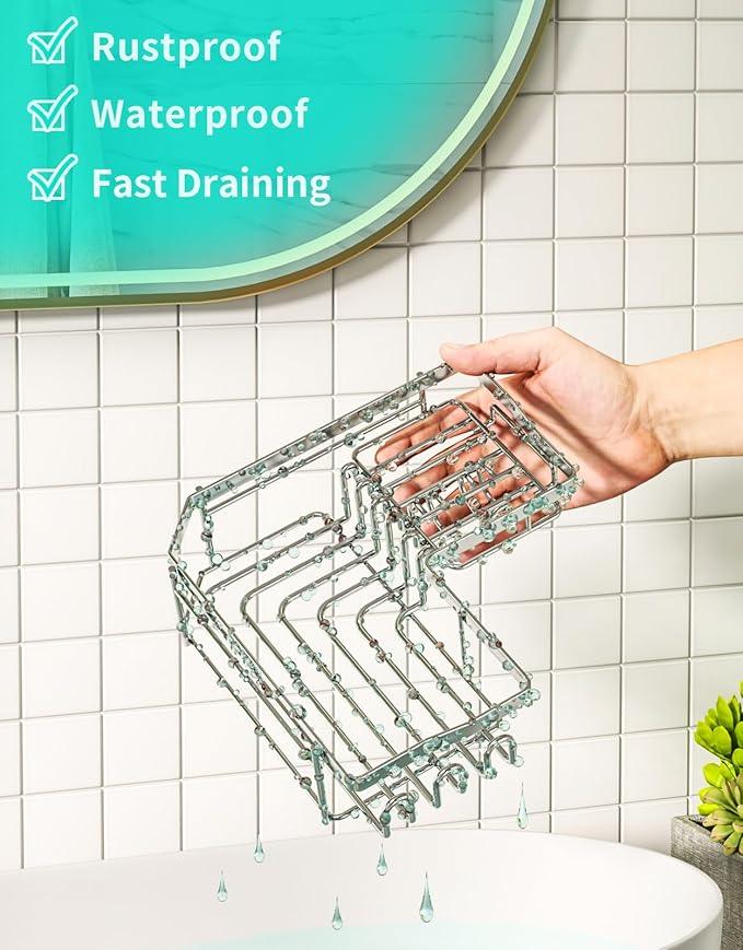 HapiRm Corner Shower Caddy with Shampoo Holder, Shower Organizer with 11 Hooks, No Drilling Rustproof Stainless Steel Bathroom Shelves - Silver (Only for 90 ° Right Angle) - ModernBath
