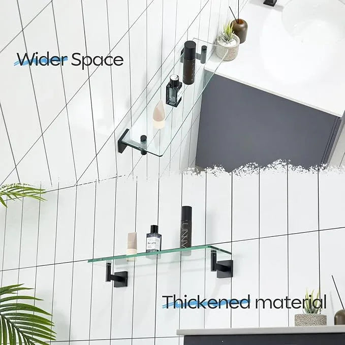 KOKOSIRI Bathroom Shelves Glass Floating Shelf 20-Inch for Bedroom Living Room Kitchen Hanging Rack Rustproof Wall Mounted Black 2 Pack B1105BK-L20-P2 - ModernBath