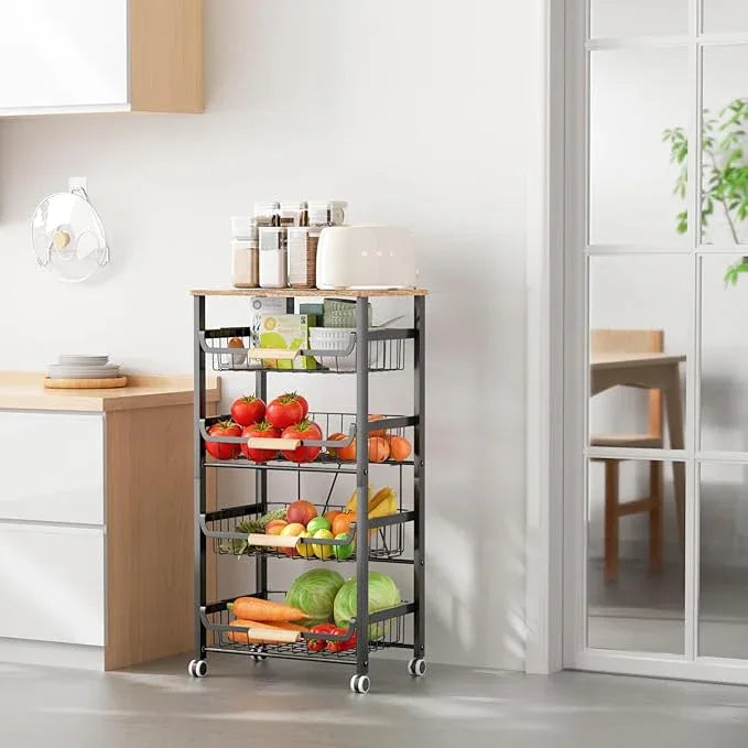 5-Layer Fruit Basket Kitchen Food Storage Organizer and Storage Rack, Stackable Storage cart with Desktop, Pull-Out Hollow Metal Storage Basket, Wheeled Sorting Rack Spice Rack - ModernBath