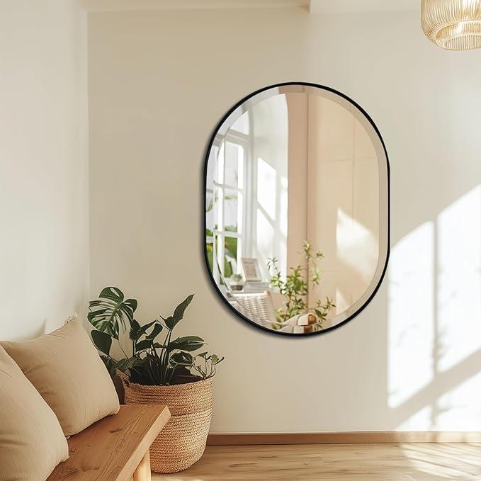 POZINO Black Oval Mirror, Modern Beveled Mirror for Over Sink, 22"x30" Rounded Rectangle Mirrors, Oblong Vanity Wall Mirrors in Premium Stainless Steel Frame, Hangs Horizontal Or Vertical - ModernBath