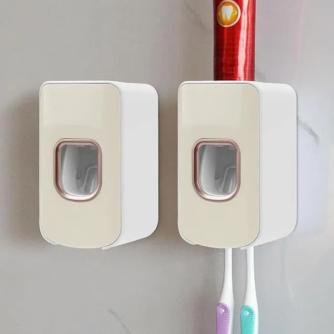 2 Slot Toothbrush Holder and Toothpaste Dispenser Wall Mounted, Automatic Toothpaste Squeezer, 2 in 1 Tooth Brush Toothpaste Organizer for Shower (Ivory Yellow 2Pack) - ModernBath