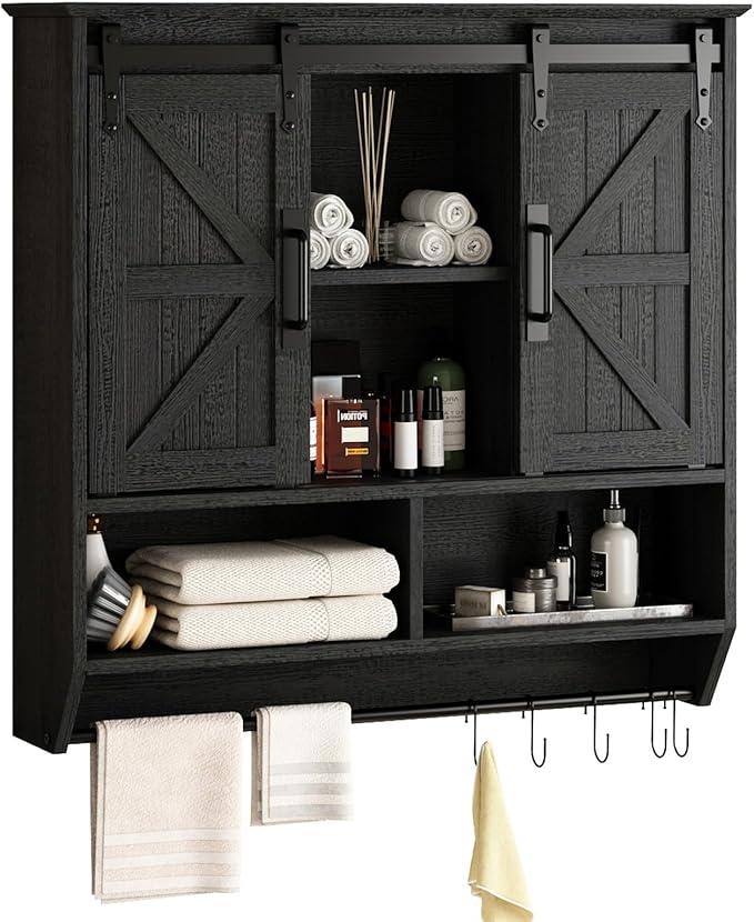 RUSTOWN Farmhouse Bathroom Wall Cabinet,3-Tier Rustic Wood Wall Mounted Cabinets,Vintage Medicine Cabinet with Sliding Barn Door and Adjustable Shelves,Over The Toilet Storage Cabinet (Black) - ModernBath