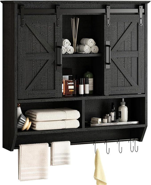 RUSTOWN Farmhouse Bathroom Wall Cabinet,3-Tier Rustic Wood Wall Mounted Cabinets,Vintage Medicine Cabinet with Sliding Barn Door and Adjustable Shelves,Over The Toilet Storage Cabinet (Black) - ModernBath