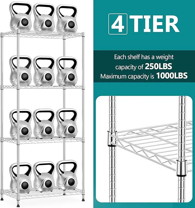 IZEUK 4-Tier Chrome Metal Storage Shelves, Adjustable Wire Shelving Unit Organizer for Kitchen, Bathroom, Home, 1000 lbs, 13.7" D x 23.6" W x 53.4" H - ModernBath