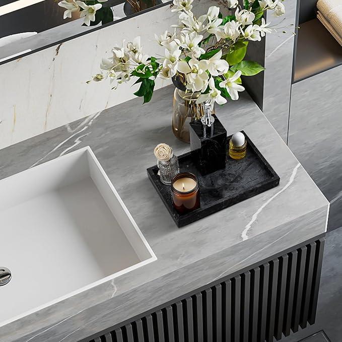 Zilukar Real Natural Marble Tray for Bathroom, Vanity, Kitchen and Desktop, Rectangle Genuine Marble Stone Tray for Jewelry, Cosmetics, Candles, Lotion, Perfume and Home Decor Black - ModernBath