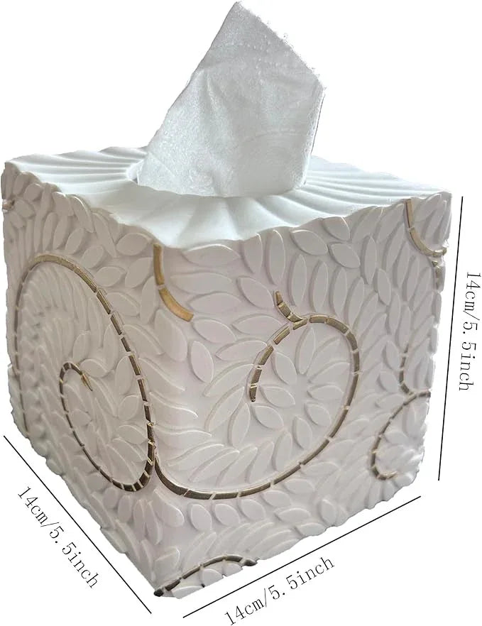 Huitony Square Tissue Box Cover Decorative Klenex Box Holder for Bathroom & Living Room with Handcrafted Texture (White&Gold) - ModernBath