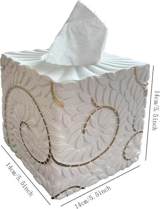 Huitony Square Tissue Box Cover Decorative Klenex Box Holder for Bathroom & Living Room with Handcrafted Texture (White&Gold) - ModernBath