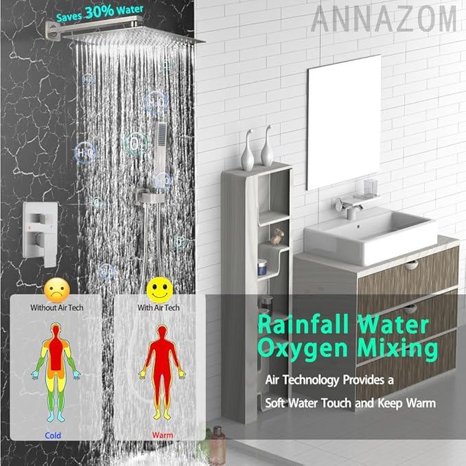 annazom Shower Faucet Combo Set with Shower Spray Wand Large 12 Inch Shower Head Brushed Nickel Surface High Pressure with Rough-in Valve, Brushed Nickel - ModernBath