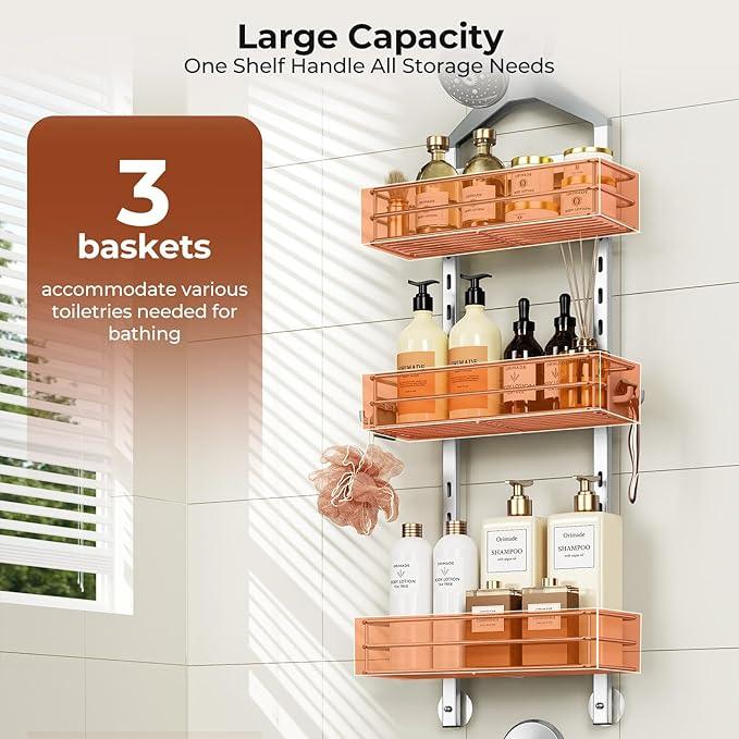 Orimade Aluminum Hanging Shower Caddy Over Head, Adjustable Anti-Slip Bathroom Shelves with Hooks, Rustproof Shower Organizer Storage Rack, Silver 3 Tier - ModernBath