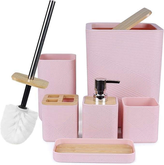 CERBIOR Bathroom Accessories Set 6 Piece Bamboo Bath Ensemble Includes Soap Dispenser, Toothbrush Holder, Toothbrush Cup, Soap Dish for Decorative Countertop and Housewarming Gift (Pink) - ModernBath