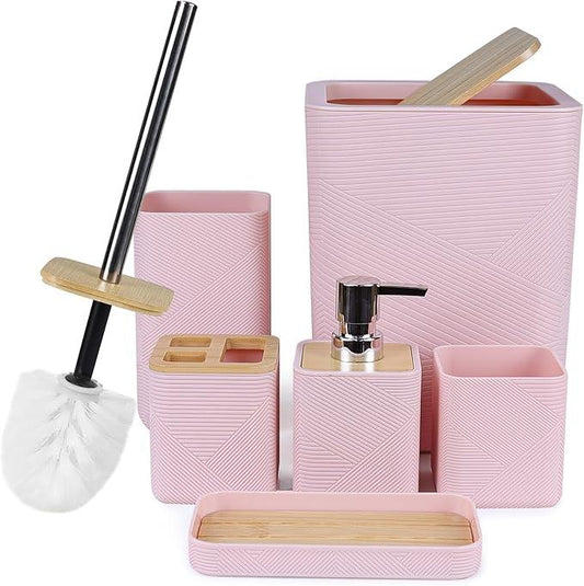 CERBIOR Bathroom Accessories Set 6 Piece Bamboo Bath Ensemble Includes Soap Dispenser, Toothbrush Holder, Toothbrush Cup, Soap Dish for Decorative Countertop and Housewarming Gift (Pink) - ModernBath