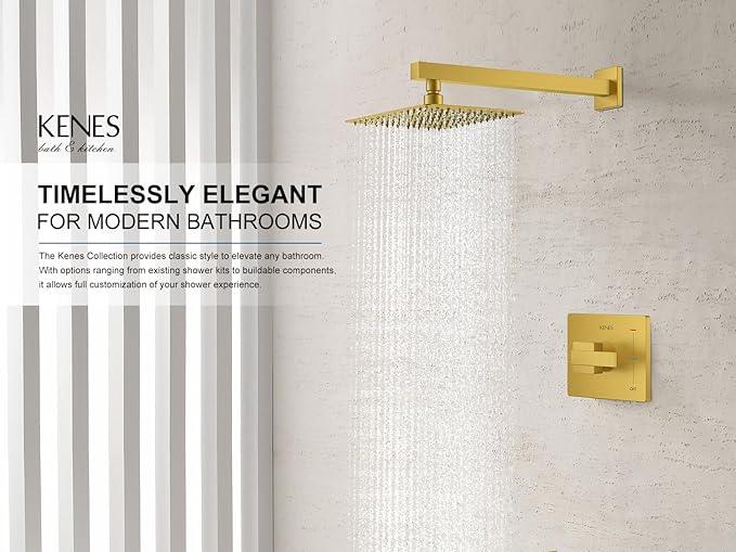 KENES Brushed Gold Shower Faucet, Modern Square 10-Inch Shower Head and Handle Set, Bathroom Rainfall Shower System Wall Mount, KE-6024B-4 (Including Shower Valve) - ModernBath