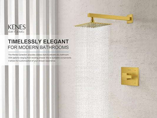 KENES Brushed Gold Shower Faucet, Modern Square 10-Inch Shower Head and Handle Set, Bathroom Rainfall Shower System Wall Mount, KE-6024B-4 (Including Shower Valve) - ModernBath
