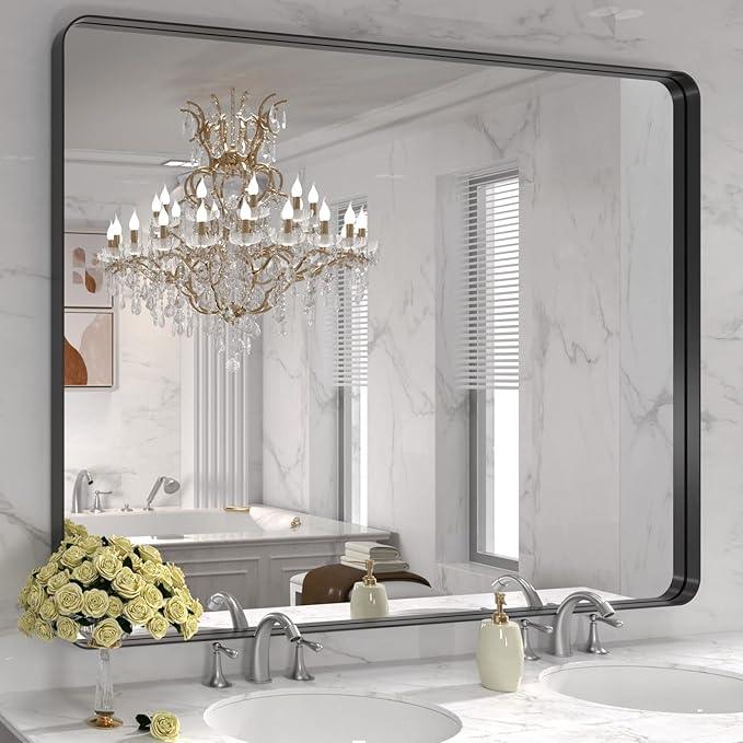 LOAAO 48x36 Inch Black Metal Framed Bathroom Mirror for Wall, Matte Black Bathroom Vanity Mirror Farmhouse, Large Rounded Rectangle Mirror, Anti-Rust, Tempered Glass, Hangs Horizontally or Vertically - ModernBath