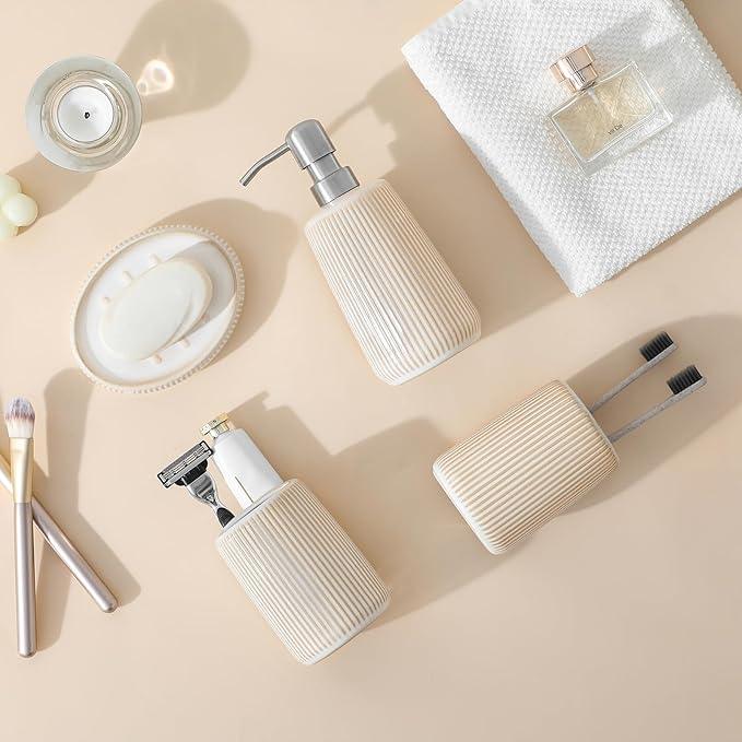 vancasso Ceramic Bathroom Accessories Set 4 Piece, Soap Dispenser with Stainless Steel Pump, Toothbrush Holder, Tumbler and Soap Dish, Modern Relief Design, Bathroom Decor Organizer, Beige-White - ModernBath