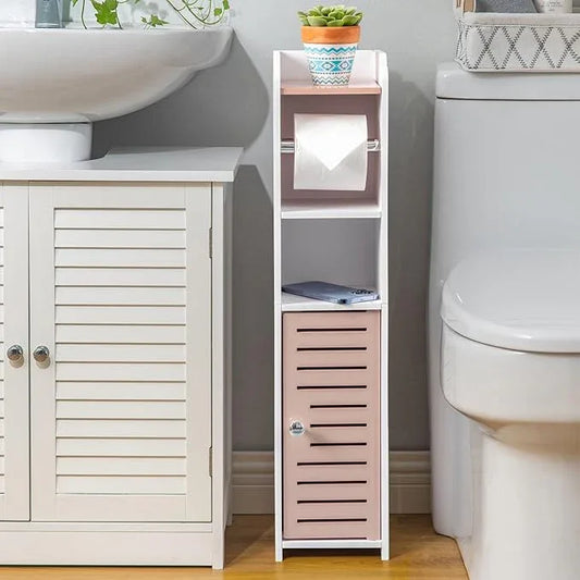 AOJEZOR Toilet Paper Holder Stand: Small Bathroom Storage Cabinet - Pinkish Rose - White - ModernBath