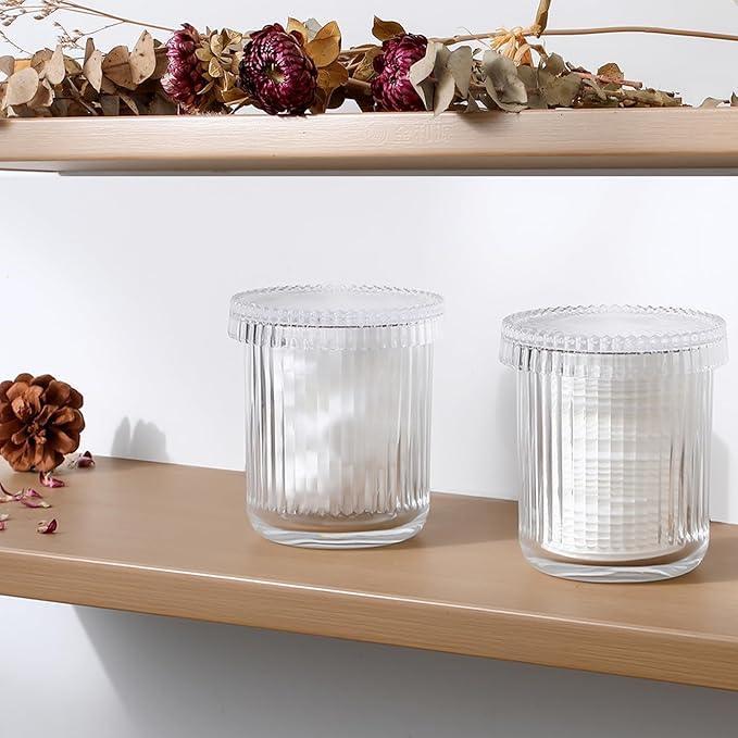rejomiik Glass Qtip Holder Dispenser 2 Pack, Bathroom Canister Apothecary Jars with Lids, Vanity Makeup Accessories Storage Organizer for Cotton Swabs, Cotton Balls, Pads, Floss Picks, Clear - ModernBath