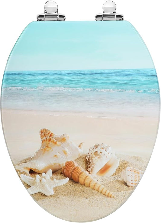 Angol Shiold Elongated Toilet Seat Molded Wood Toilet Seat with Quietly Close and Quick Release Hinges, Easy to Install also Easy to Clean (Elongated, Beach)