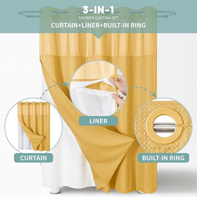 eachope Gold No Hook Waffle Weave Shower Curtain with snap-in Liner Replacement, 230GSM Waterproof Fabric Hotel Shower Curtain Set for Bathroom, Through Mesh Top Window,71Wx86H - ModernBath