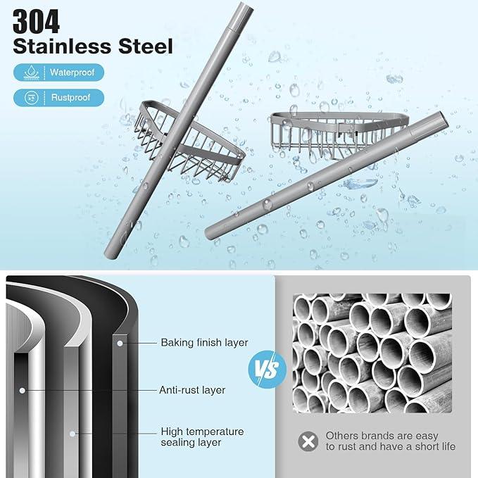 Corner Shower Caddy Tension Pole: Stainless Steel Rustproof 4-Tier Shower Organizer - 47-121 inch Adjustable Bathroom Shelves for Bathtub Shampoo Storage - Tension Rod Floor Standing Bath Rack - ModernBath