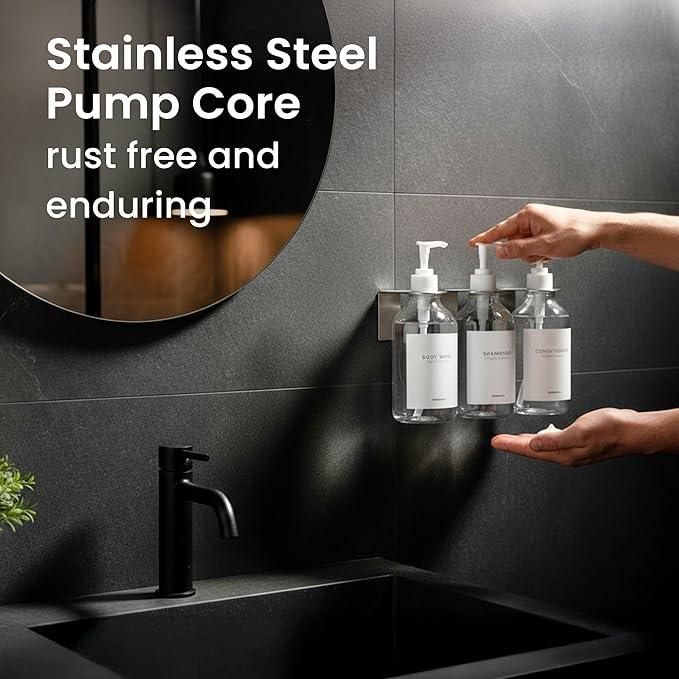 MaisoNovo Shampoo and Conditioner Dispenser - Shower Soap Dispenser Wall Mounted - 16.9 fl oz Set of 3 Clear Plastic Bottles White Pump - Shampoo Dispenser, Shower Dispenser 3 Chamber No Drill - ModernBath