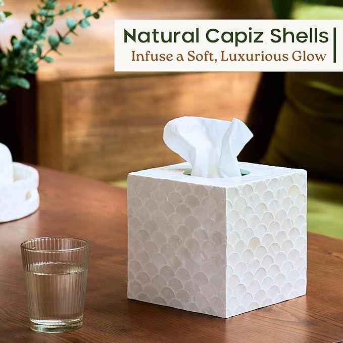 CHI AN HOME 5.8” Capiz Tissue Box Cover, Square Decorative Tissue Holder with Bottom Slider, Handmade Bathroom Accessories, Elegant White Cube for Vanity, Bedroom, Office & Coastal Décor (Natural) - ModernBath