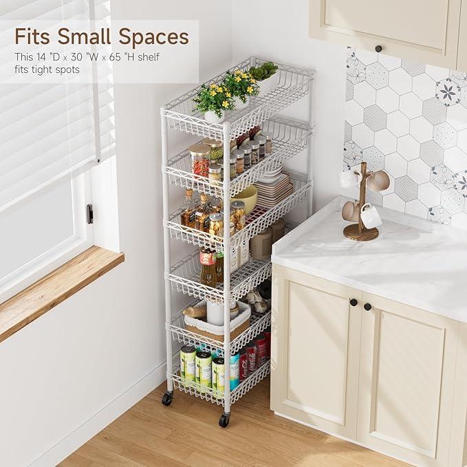 6 Shelves Storage Shelf Wire Closet Bathroom Organizers Metal Pantry Kitchen Garage Shelving Unit Laundry Room Organization Home Rack Net Basket White with Wheels 30" Dx14 Wx65 H - ModernBath