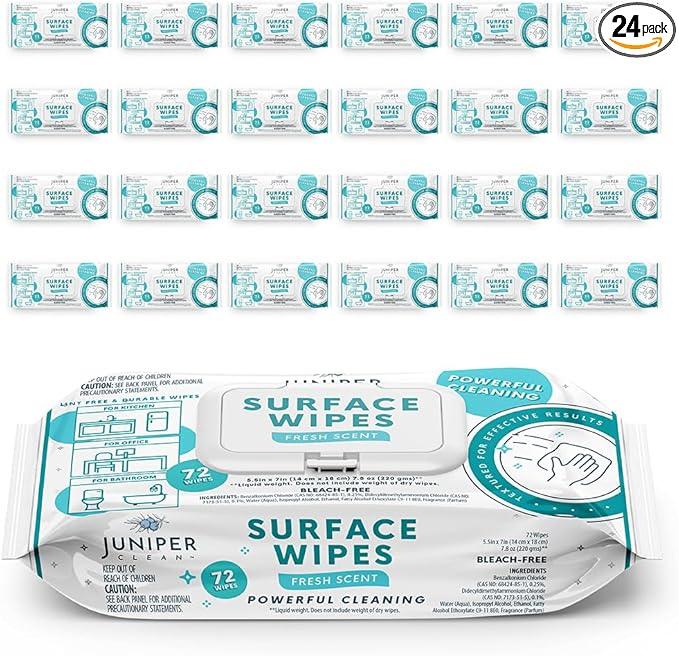 Juniper CLEAN 24 Pack Surface Cleaning Wipes Bleach Free, All-Purpose Cleaner for Bathroom, Kitchen, Office, 1728 Count Soft Flow, Fresh Scent, Bleach Free, Lint Free, Durable - ModernBath