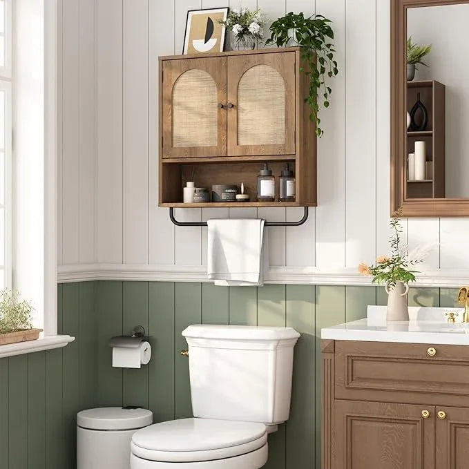 RUSTOWN Rattan Bathroom Wall Cabinet, Boho Medicine Cabinet with 2 Arched Doors, Farmhouse Over The Toilet Storage Cabinets with Adjustable Shelves & Towel Bar, 3-Tier Wall Mounted Cabinets - ModernBath