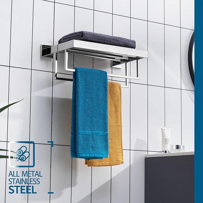 KOKOSIRI Bathroom Towel Shelf 16'' Chrome Towel Rack with Two Bath Towel Bars SUS304 Stainless Steel Wall Mounted, Polished Finish B6003CH-L16 - ModernBath