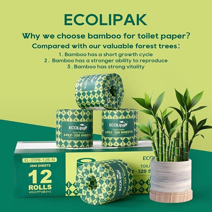 ECOLipak Bamboo Toilet Paper 3 Ply, Septic Safe Toilet Tissue, 12 Double Rolls, 320 Sheets Per Roll, Tree Free, Non Toxic, Soft and Absorbent, Eco Friendly Dye-Free Paper, Brown - ModernBath