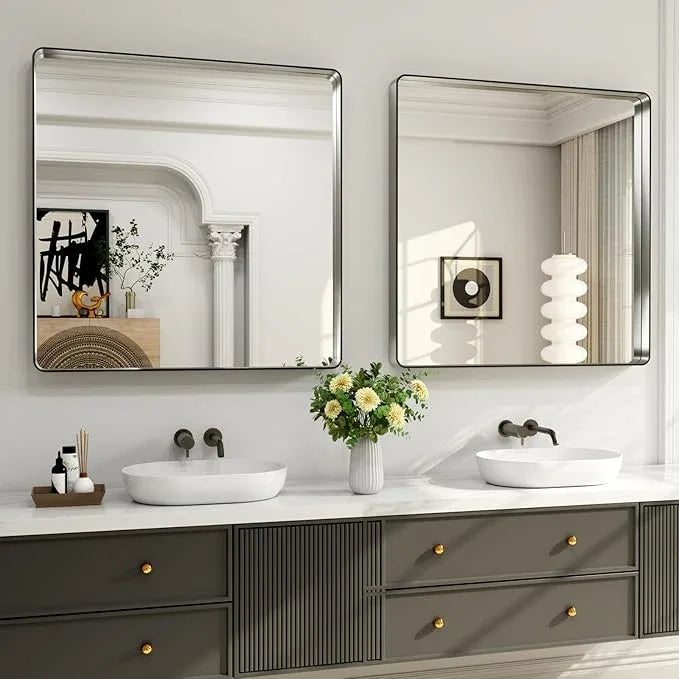 LOAAO 38X38 Inch Brushed Nickel Bathroom Mirror, Rounded Rectangle Silver Metal Frame Mirror, Brushed Nickel, Anti-Rust, Shatter Proof, Hangs Horizontally or Vertically - ModernBath