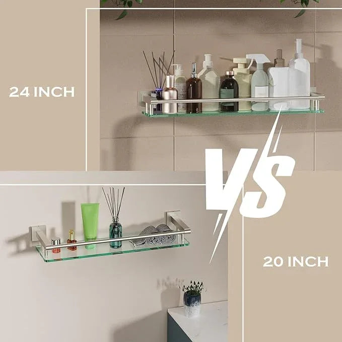 Glass Shelf for Bathroom Wall Sheves 24 inch Rectangular Stainless Steel Tempered Glass Modern Stainless Steel Wall Mount Accessories Organizers Storage (Brushed Nickel, 24‘’) - ModernBath