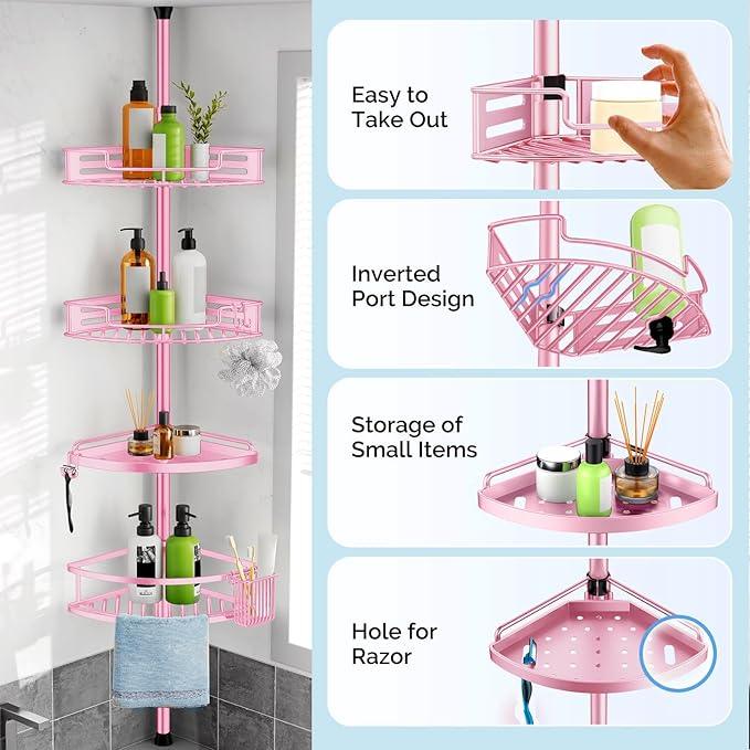 HAMITOR Corner Shower Caddy Tension Pole: Quick Installation 4-Tier Rustproof Bathroom Organizer Shelves for Bathtub Shampoo Storage - 47-121 inch Adjustable Floor Standing Bath Rack Holder - Pink - ModernBath