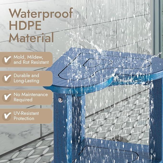 Corner Shower Stool for Inside Shower - Waterproof Corner Shower Bench, HDPE Plastic Bathroom Bench, Adjustable Height Corner Chair for Shaving Legs,Storage Shelf,Non-Slip Feet,Blue - ModernBath