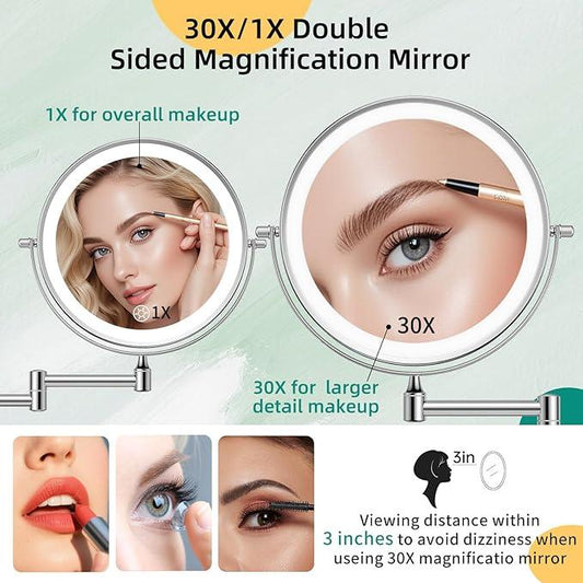 FUNTOUCH 5000mAh Rechargeable Wall Mounted Makeup Mirror with Lights,Double Sided 1X/30X Magnification,3 Color Lights,Touch Dimmable,Extended Arm 360 Rotation Lighted Bathroom Mirror - ModernBath
