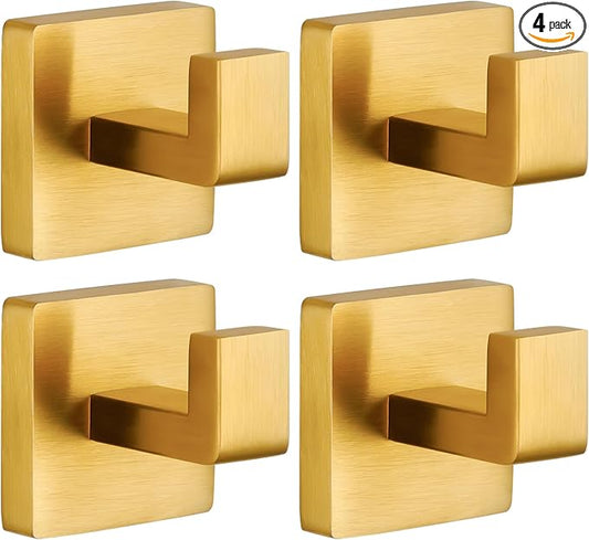 Fenas Towel Hooks for Bathrooms Robe Hook Coat Hook 4 Pack Brushed Gold Stainless Steel Heavy Duty Wall Mounted Square Hooks for Bathroom Kitchen Bedroom