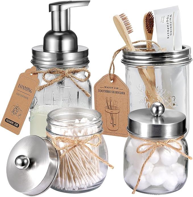 Amolliar Mason Jar Bathroom Accessories Set 4Pc - Foaming Soap Dispenser&2 Qtip Holders&Toothbrush Holder-Rustic Farmhouse Decor Bathroom Organizer Apothecary Jar Country Countertop (Brushed Nickel) - ModernBath