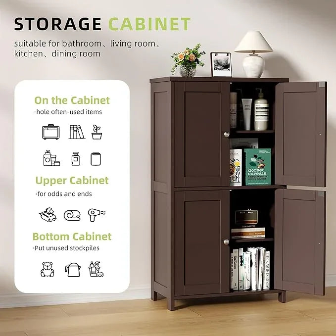 Vongrasig Floor Storage Cabinet, Small Bathroom Storage Unit with 4 Doors and Adjustable Shelves, Freestanding Modern Cabinet for Living Room, Entryway, Office, Reddish Brown - ModernBath