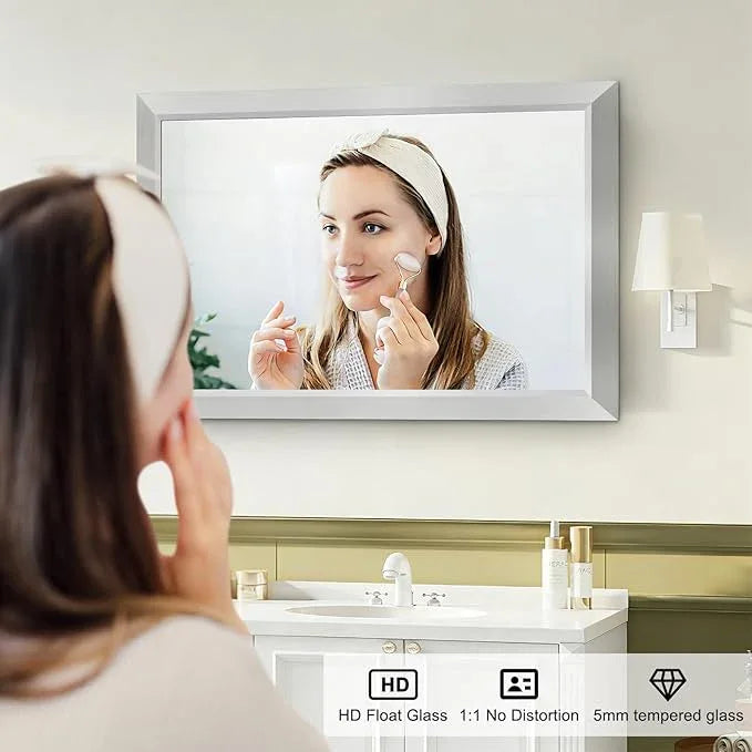 Bathroom Mirror for Over Sink,24x36Inch Silver Thick Anti-Rust Metal Frame, Rectangle Decorative Wall Mirror with HD Tempered Glass, Horizontal or Vertical Mount for Vanity, Bathroom,Living Room - ModernBath