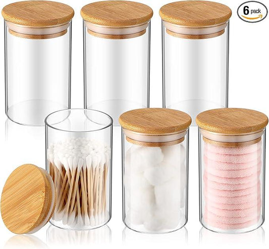 6 Pack Glass Apothecary Jars with Lids Bamboo Bathroom Accessories Cotton Balls Pads Swabs Holder Jar Bathroom Canisters for Vanity Accessories Storage - ModernBath